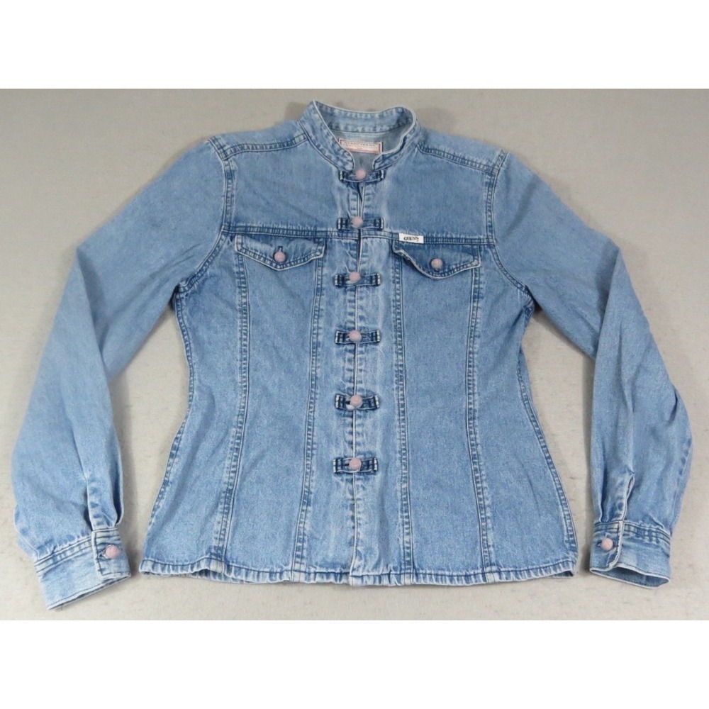 Vintage Guess Jeans Denim Military Jacket Women's Mandarin Collar Pink Buttons